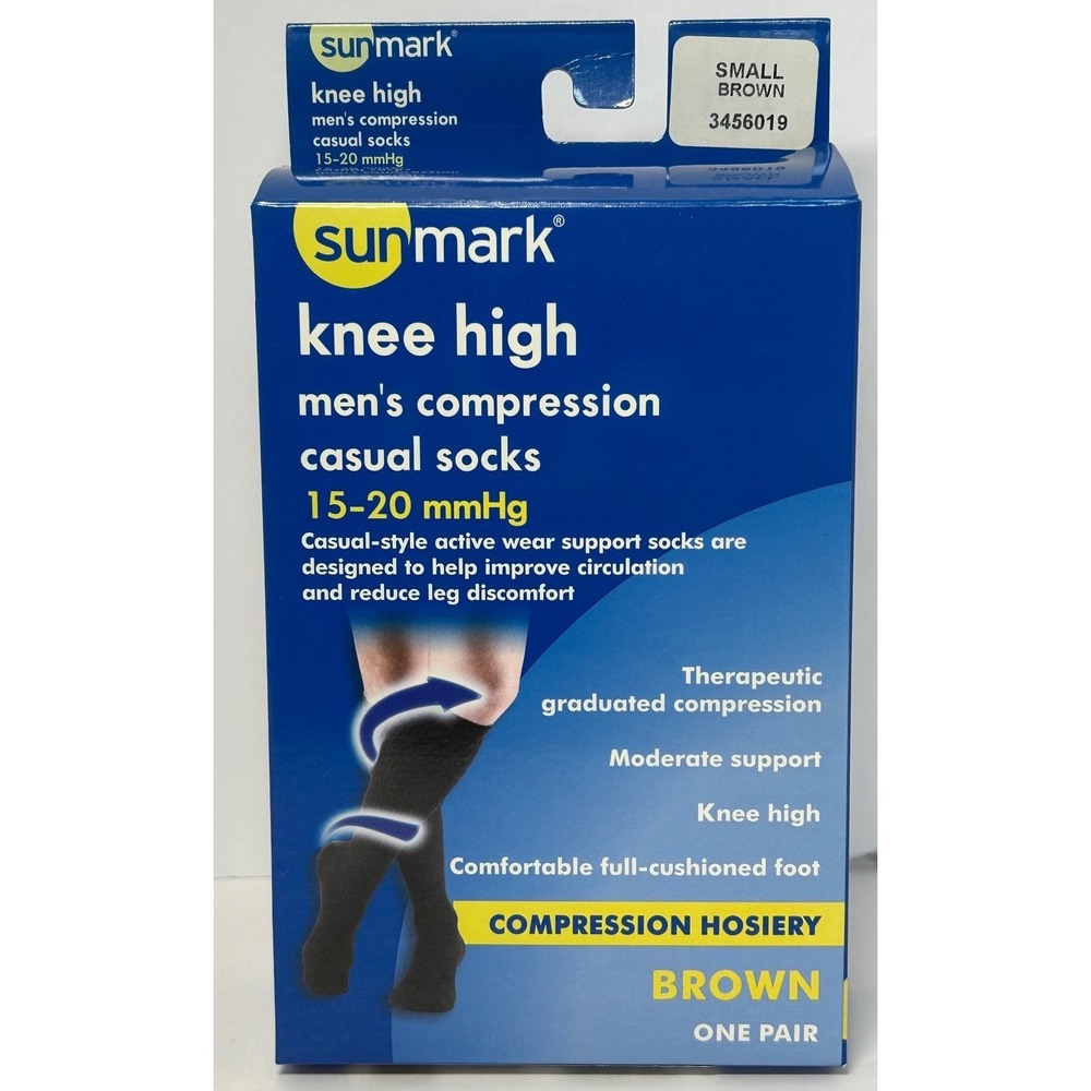 Sunmark Knee High Compression‎ Socks Men's Casual 15-20 mmHg Small Brown